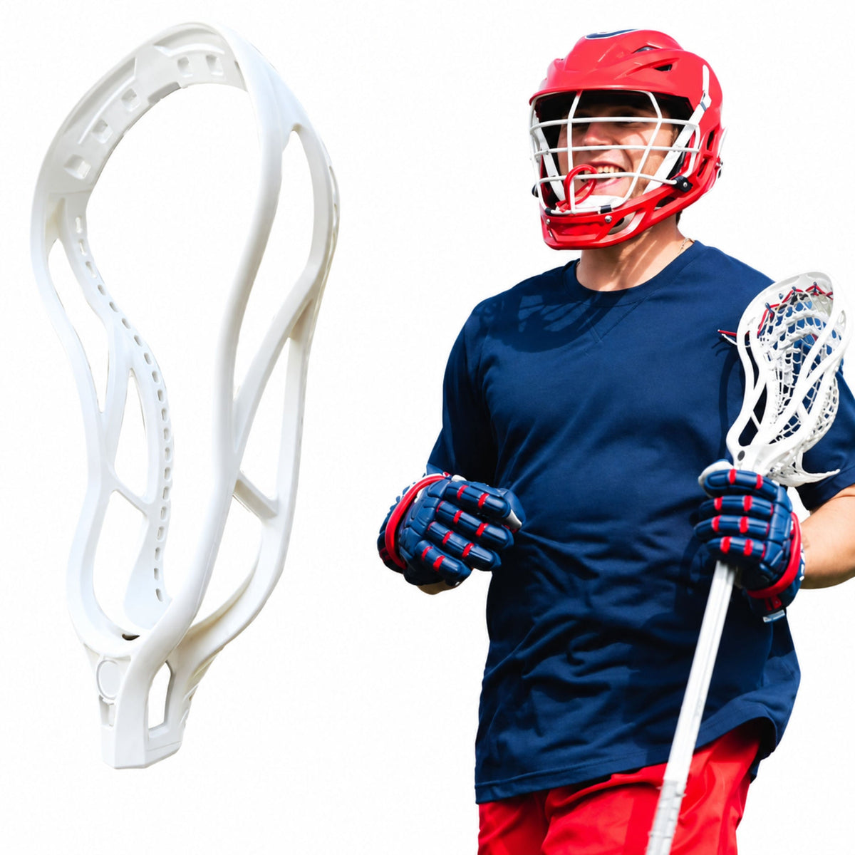 White RC1 unstrung lacrosse head beside a player in a red helmet holding a strung RC1